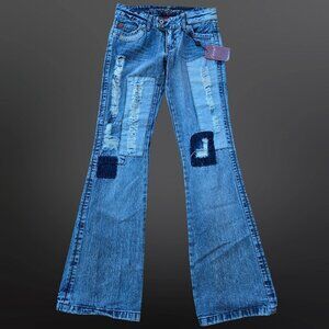 Y2K Foxy Deadstock Patchwork Flare Jeans Size 3 Low Rise Boho Grunge Distressed